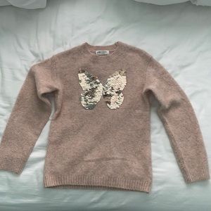 H&M girls rose gold pink sweater with butterfly